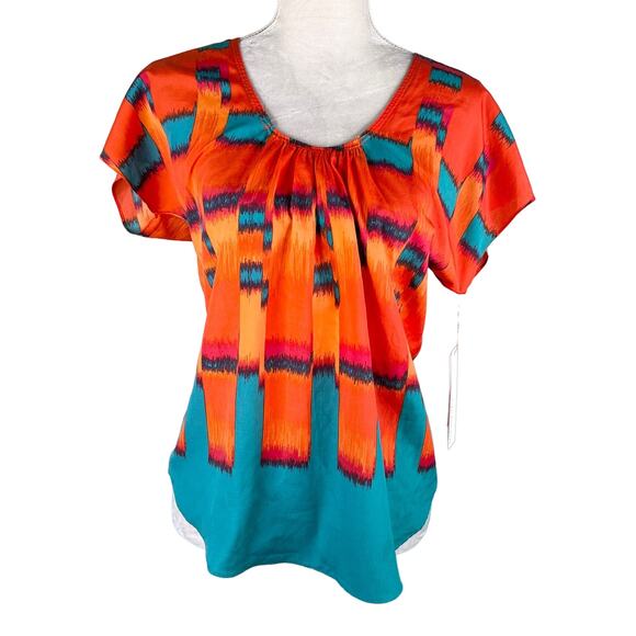 Calvin Klein Firecracker Blouse Small Orange Teal Short Sleeves New - Picture 12 of 12